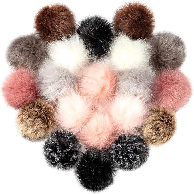 20 Pcs Faux Fur Pom Poms for Hats - 3.9 Inch Fluffy DIY Knitting Hat Pompoms with Elastic Loop, Removable Crochet Crafts Accessories for Shoes Scarves Gloves Bags Keychains (10 Color-Dark)