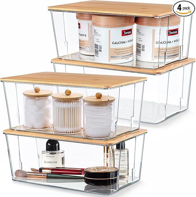 Hudgan Plastic Storage Containers with Bamboo Lids, Medicine Cabinet Organizer Drawer Organizers Clear Bins with Lids for Organizing Pantry or Bathroom - 4.5 Inches Tall - Set Of 4