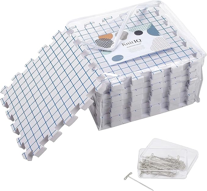 KnitIQ Blocking Mats for Knitting - Extra Thick Blocking Boards for Crochet Projects with Gridlines - 100 T-Pins and Storage Bag Included for Knitting Supplies - Standard Mat Set - Pack of 9