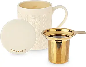 Pinky Up Annette Loose Leaf Tea Cup, Ceramic Travel Mug with Infuser and Lid, for Work, Office, Picnic, Camping, Outdoor Party, Spa Day, 12 oz, Set of 1, Knit Design